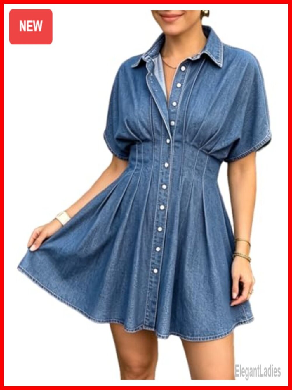 POTILI Women Casual Denim Dress Button Down A-Line Mini Jean Dress
